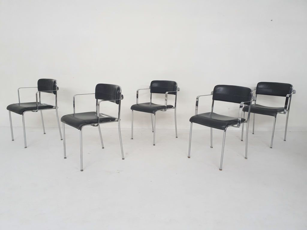 Set Van Vijf Chromen Eetkamerstoelen Met Leren Bekleding Van Aryform, Zweden, Jaren 1970 photo for sale