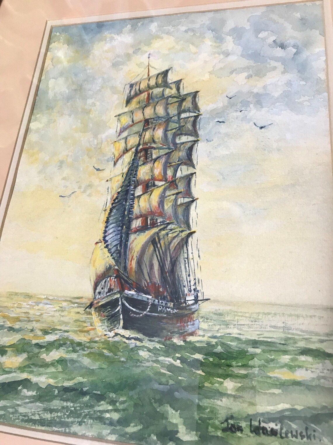 Jan Wasilewski Watercolour Painting Fine Art Sailing Clipper Ship Polish Artist Ornate Huge Large Gold Gilt Frame (C) photo for sale
