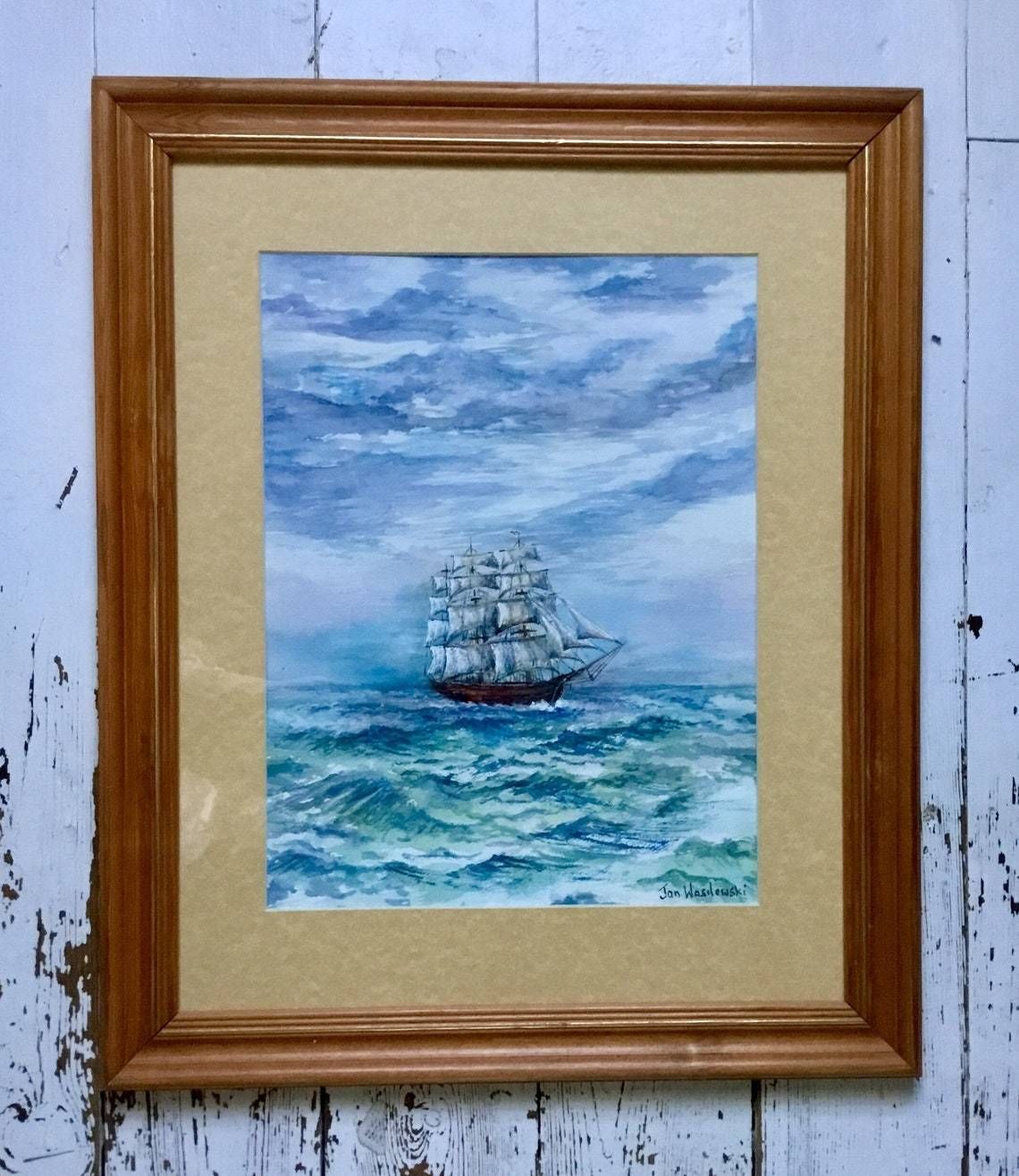Jan Wasilewski   Polish Artist Watercolour Painting Absolutely Fine Example   Sailing Clipper Ship Cutter Boat Large Pine Gold Frame (Hh) photo furniture