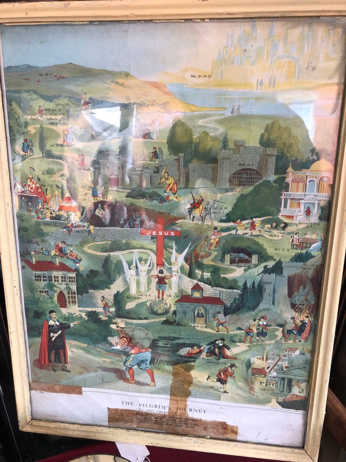 Antique Lithograph Print The Pilgrims Journey To The Celestial City Church Chapel Baptist Guide Colour Vintage Coloured Teaching Aid photo 275.0