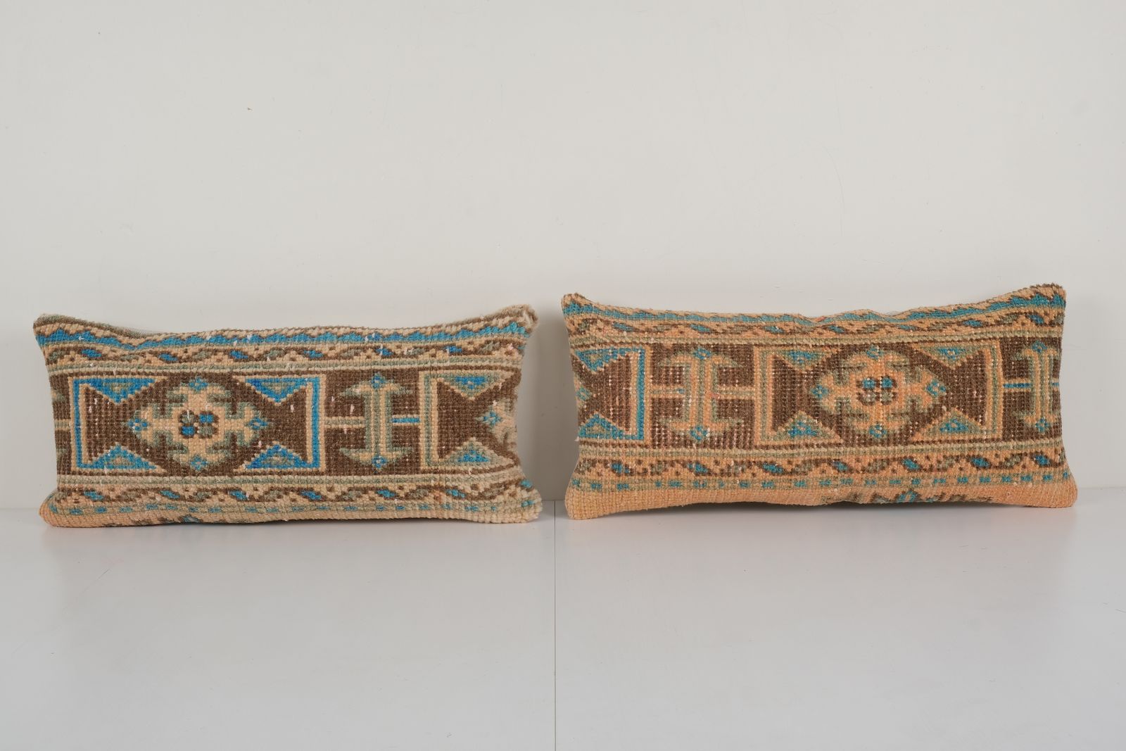 Set Anatolian Lumbar Rug Pillow, Ethnic Pillow Cover, Ethnic Vintage Handmade Lumbar Cover, Carpet Soft Wool Pillow 10'' X 22''