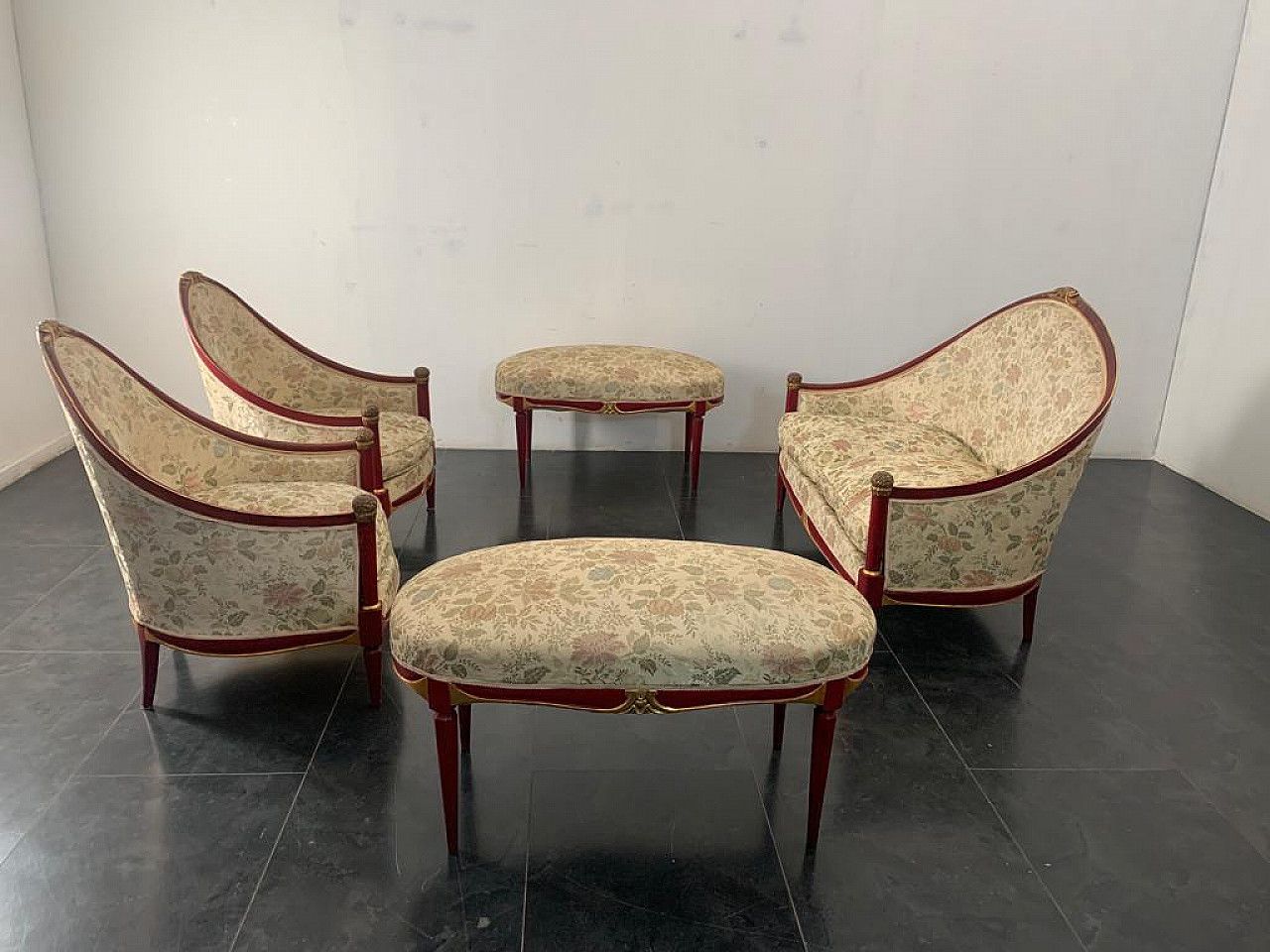 Living Room Of A Sofa, 2 Armchairs And 2 Poufs In Wood Jacuard Fabric, 1930s photo vintage