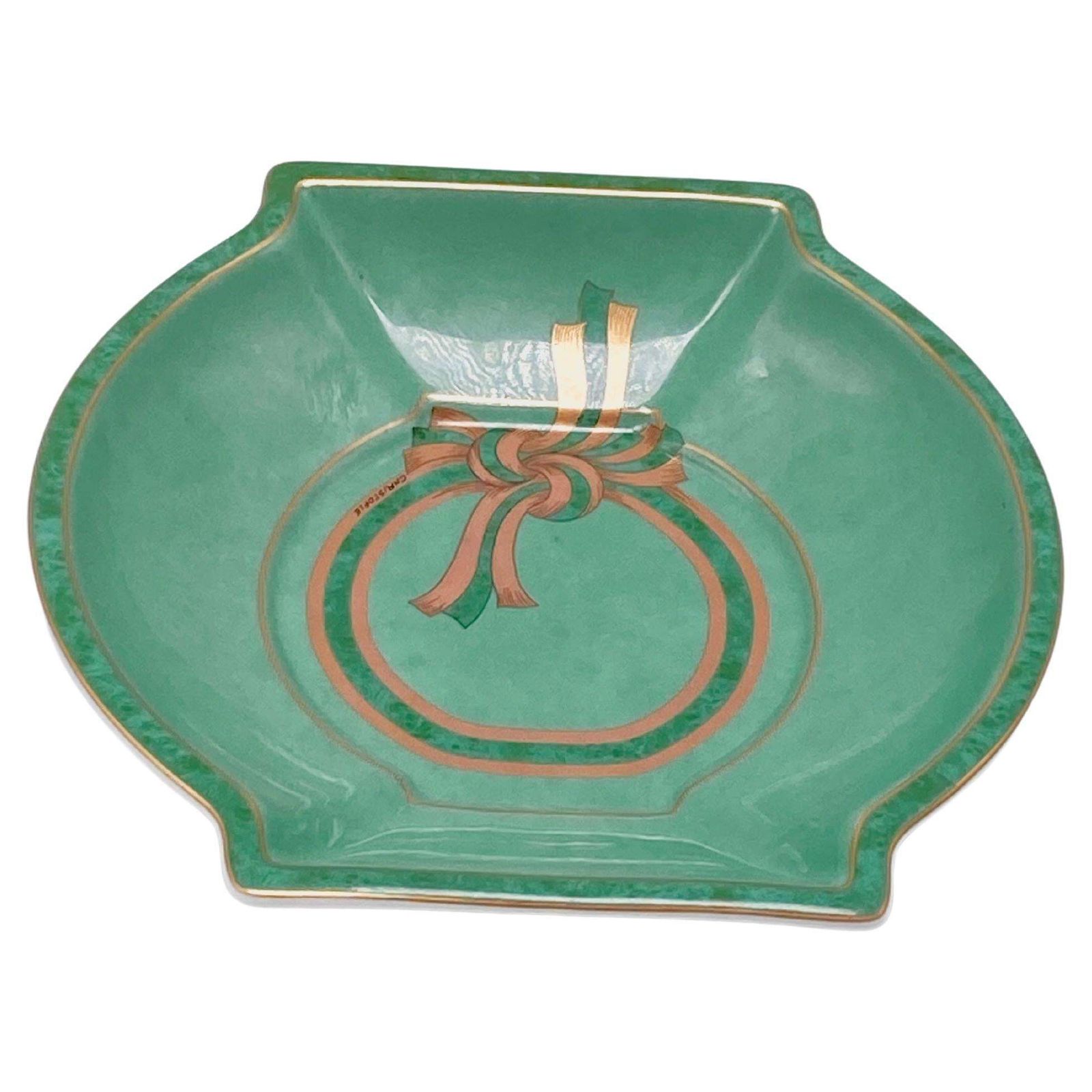 Rare Christofle Ashtray, In Porcelain, Green Hand Painted, France 1970, Signed
