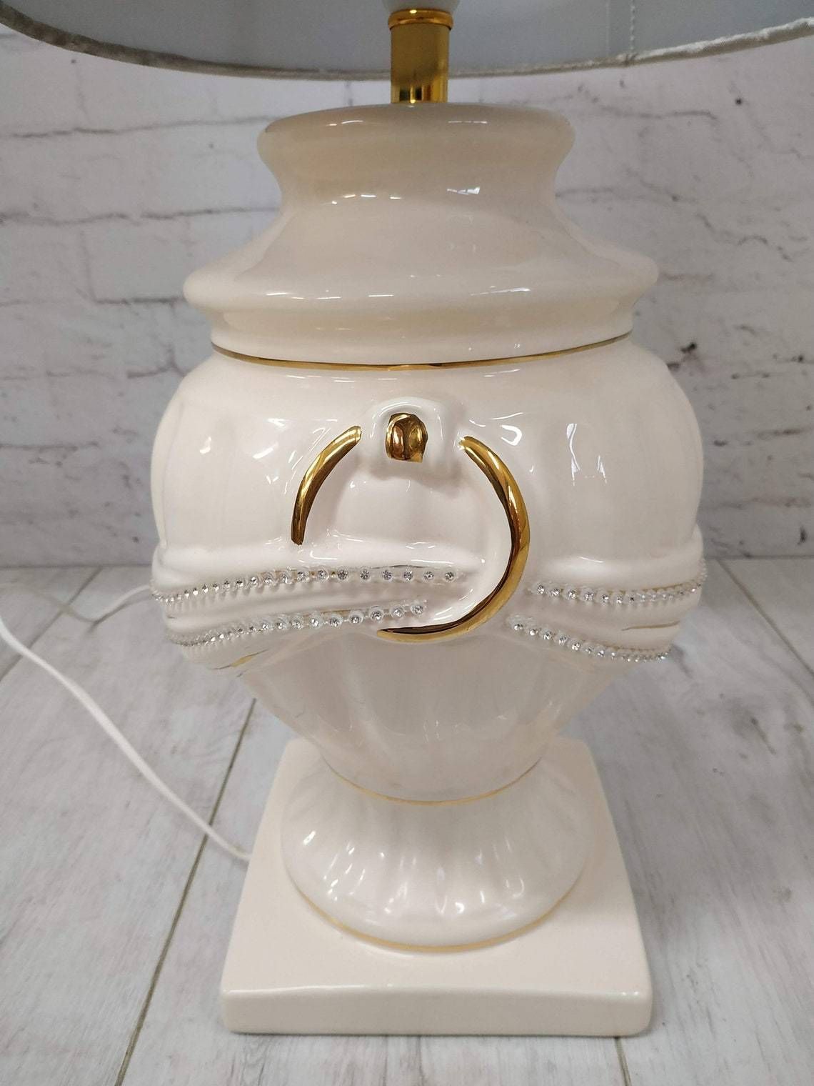 Vintage Table Lamp Light Cream Diamante Gold Art Deco Ceramic Base Shade Bling photo for sale