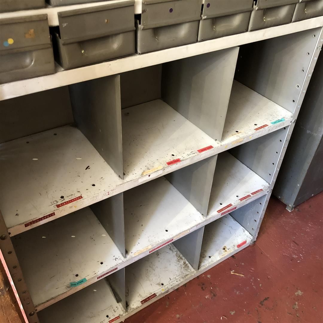 Industrial Metal Pigeon Holes With Multi Drawer Section 1970's photo vinterior