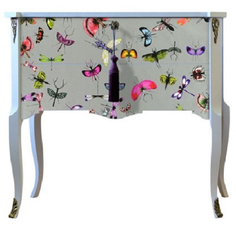 Gustavian Style Commode With Christian Lacroix Butterfly Design And Matching Painted Marble Top