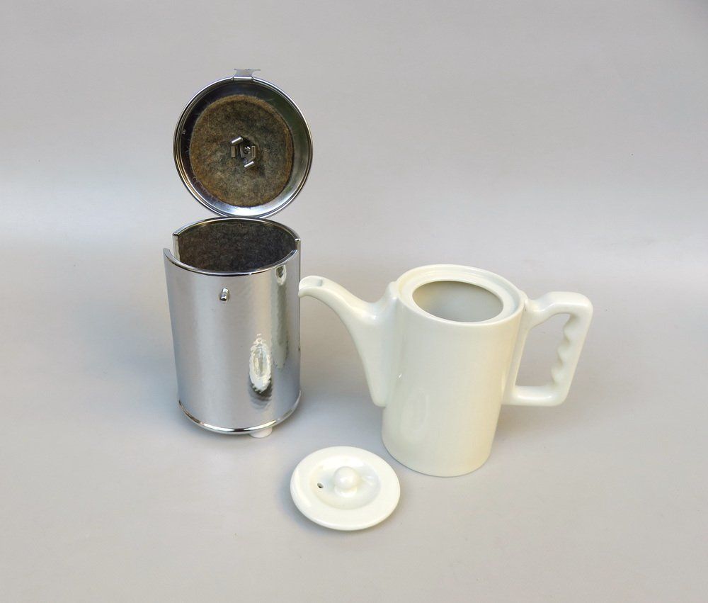 photo for sale Coffee Making Set In Chrome Plated Metal & Porcelain, 1950s, Set Of 4