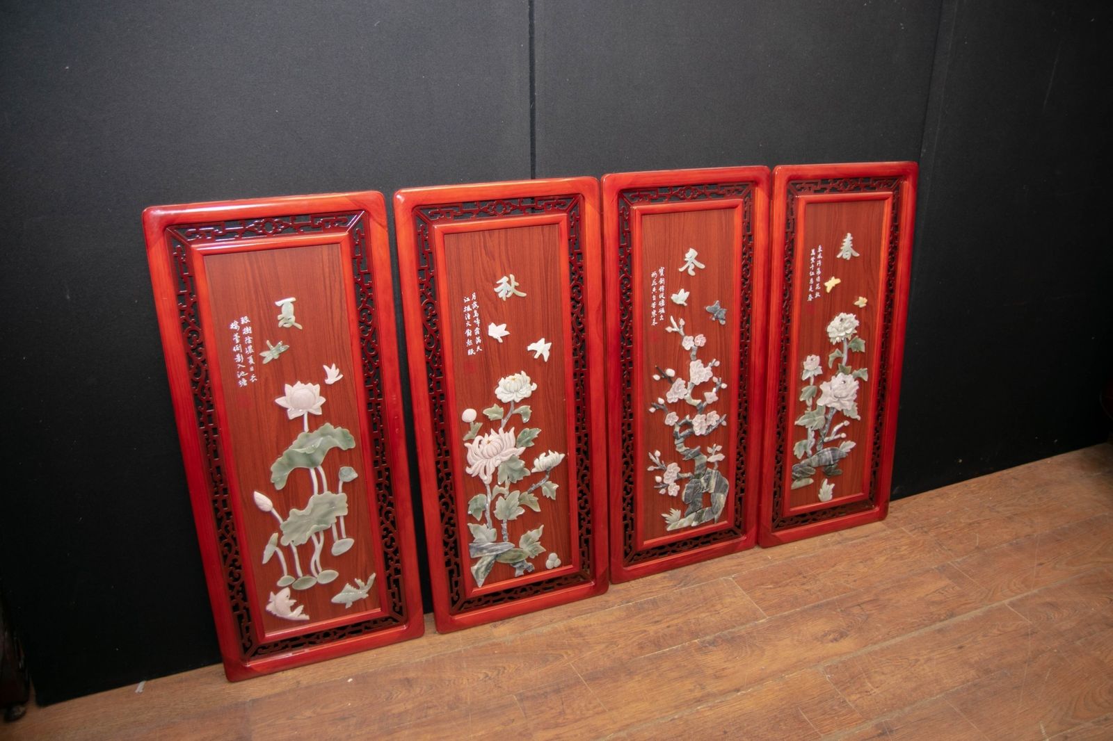 Set Chinese Panels Placques   Hardwood Soapstone Floral Decoration photo Home Decor
