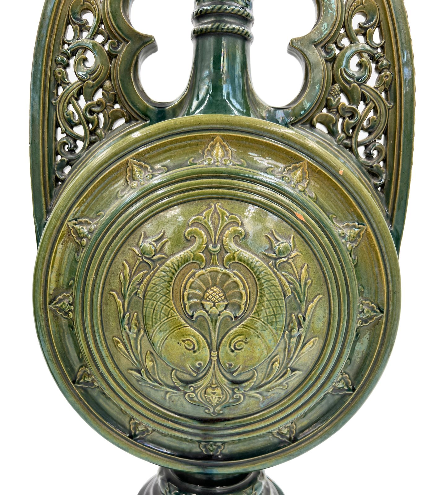 Pair Of Green Hispano Moresque Glazed Ceramic Candlesticks/Vases, 19th Century, Spain photo for sale