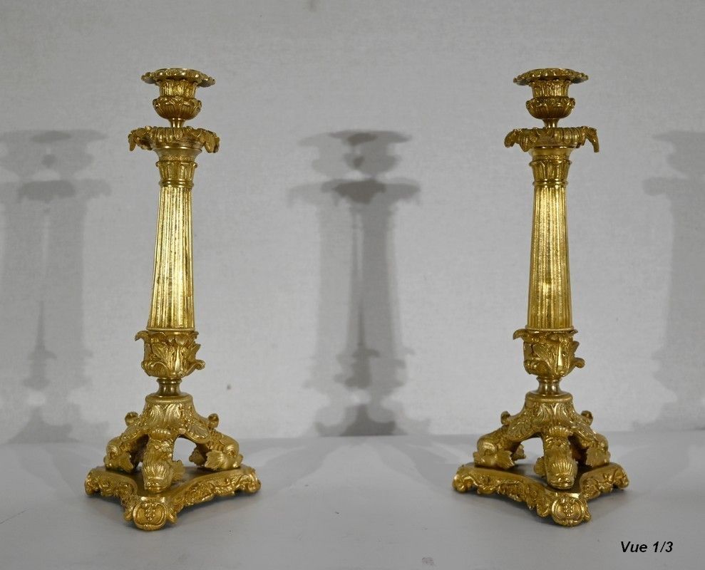 Pair Of Bronze Candlesticks, Restoration Period   Early 19th Century photo Home Decor