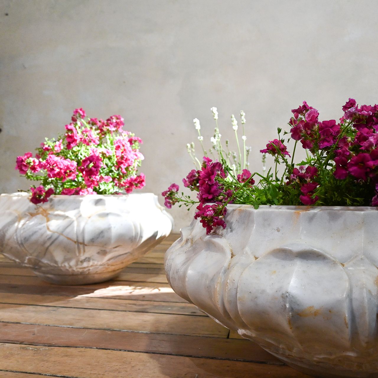 A Pair Of Carved Lotus Form Marble Jardiniere Planters photo vinterior