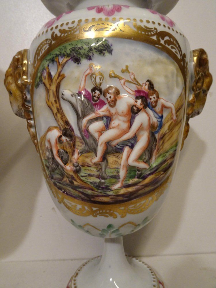 Antique 19th Century Lidded Porcelain Urn Vases From Capodimonte, Italy, Set Of 2 photo for sale