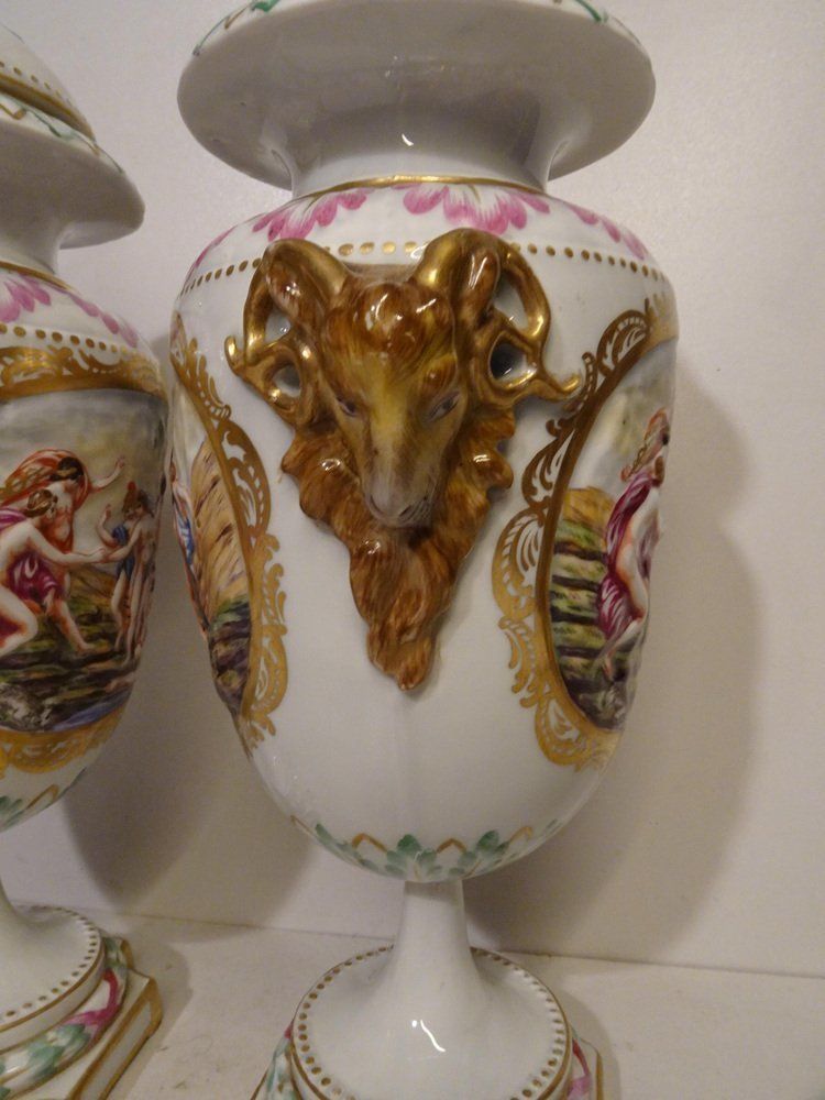 Antique 19th Century Lidded Porcelain Urn Vases From Capodimonte, Italy, Set Of 2 photo Home Decor