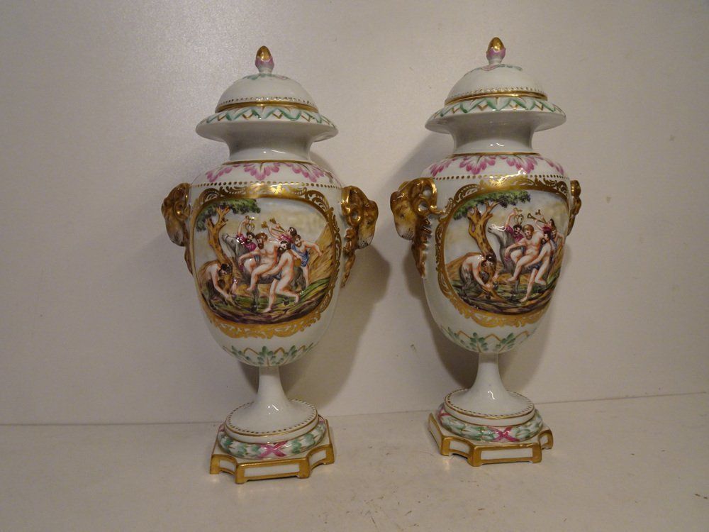Home Decor Antique 19th Century Lidded Porcelain Urn Vases From Capodimonte, Italy, Set Of 2 photo