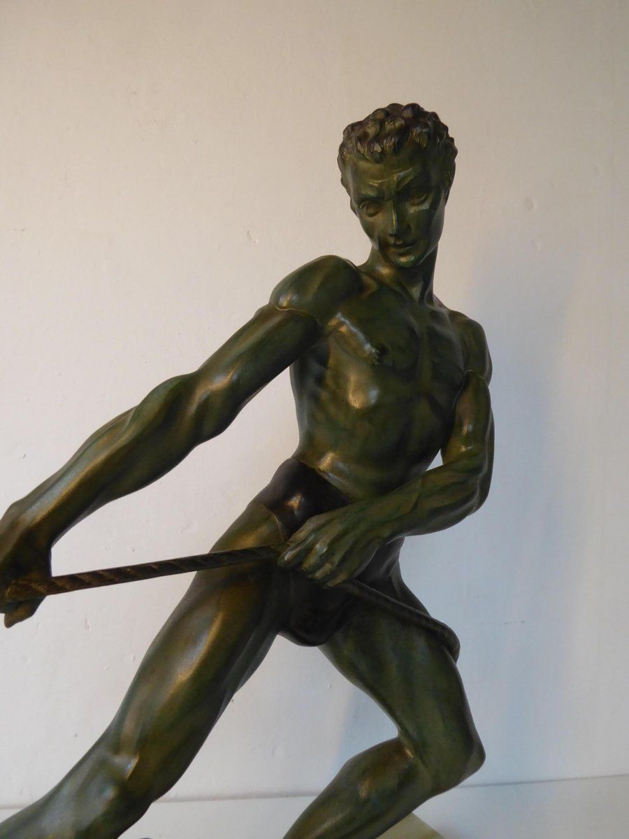 Art Deco Green Patinated Metal And Marble Sculpture Of Man Pulling Stone From Ucra, France photo 1139.56