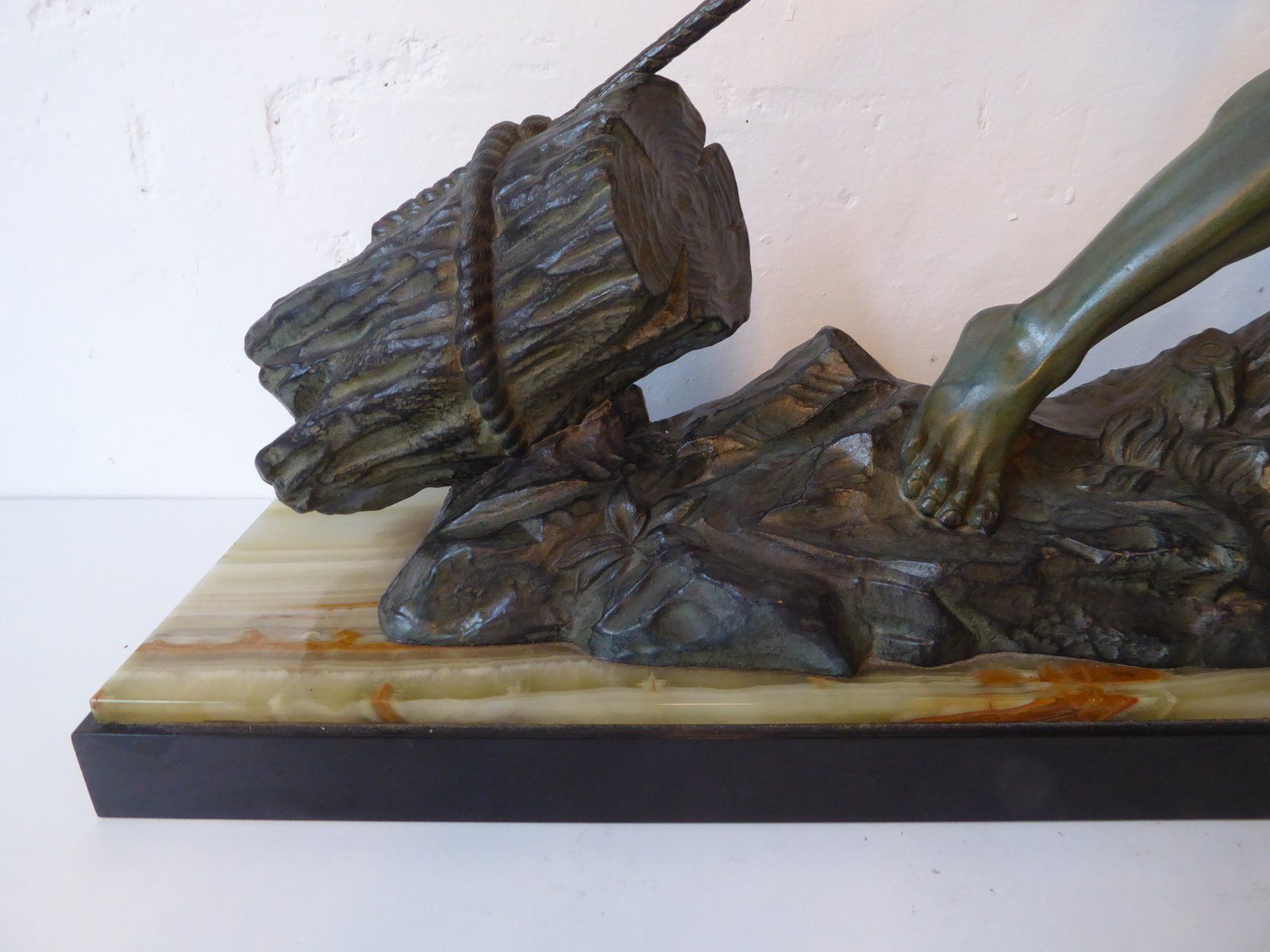 Art Deco Green Patinated Metal And Marble Sculpture Of Man Pulling Stone From Ucra, France photo vintage