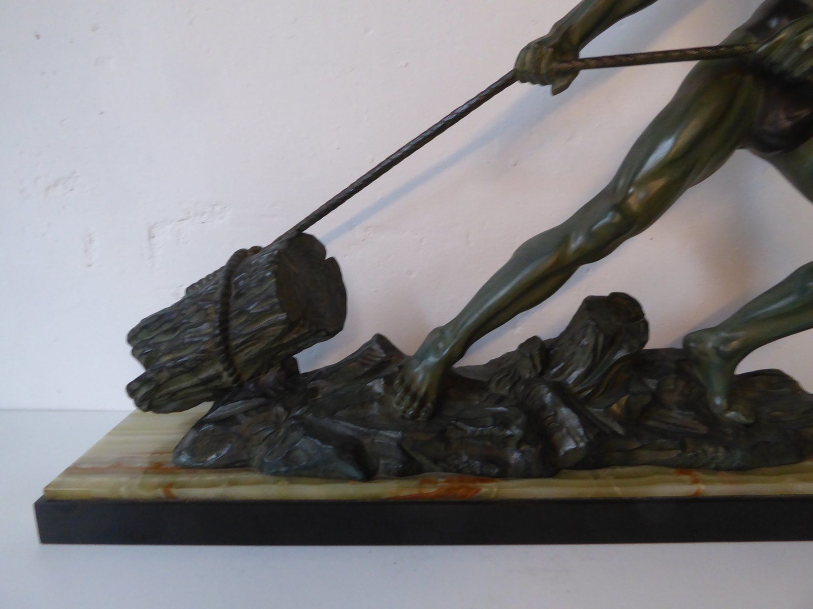 photo furniture Art Deco Green Patinated Metal And Marble Sculpture Of Man Pulling Stone From Ucra, France