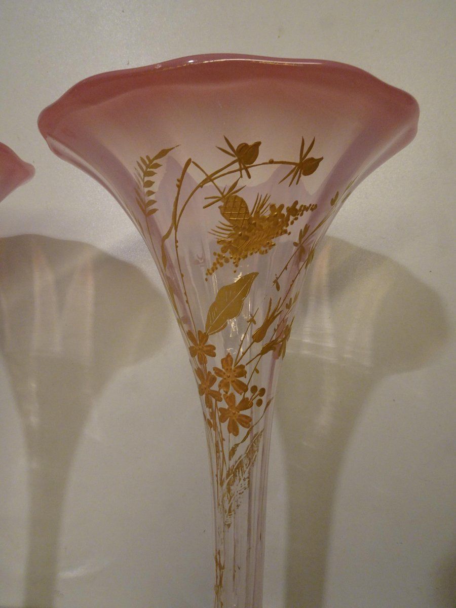 French Art Nouveau Gold Enameled Art Glass Trumpet Vases, Set Of 2 photo for sale