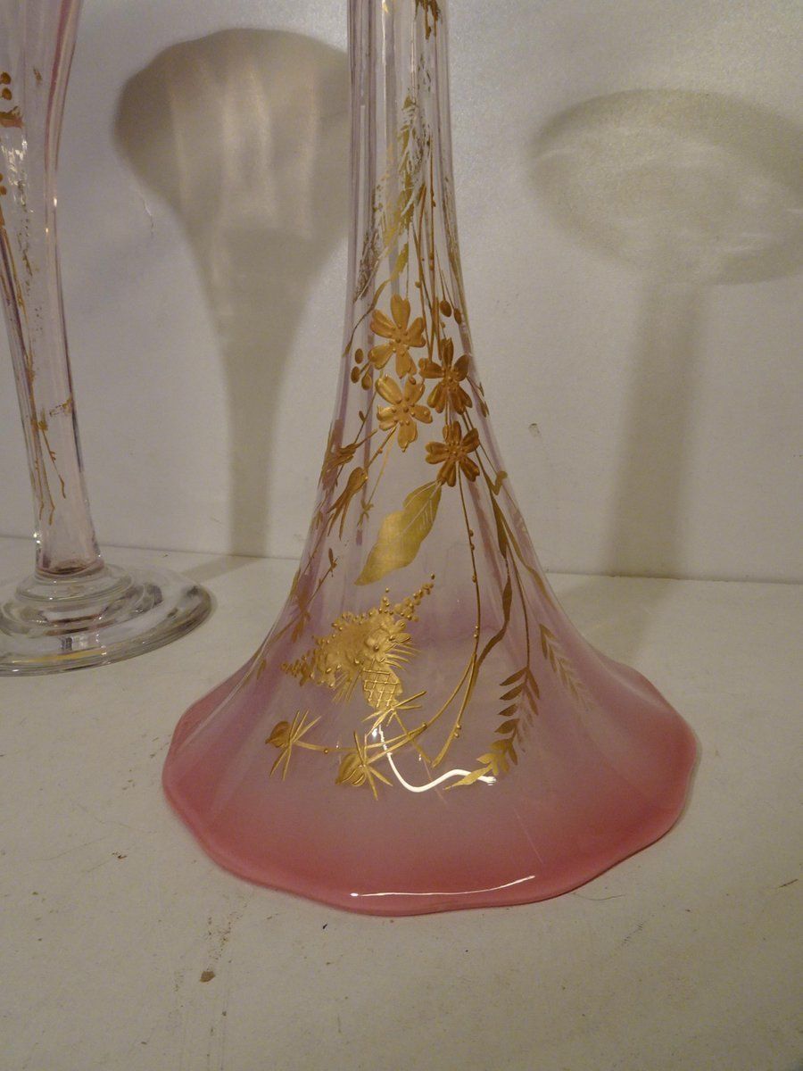 photo furniture French Art Nouveau Gold Enameled Art Glass Trumpet Vases, Set Of 2