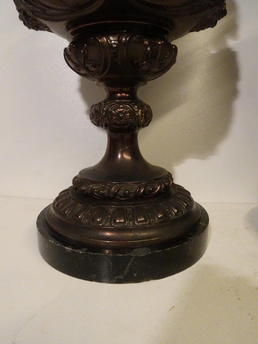 photo buy French Bronze & Patinated Cast Iron Medici Vases On Marble Bases, 19th Century, Set Of 2