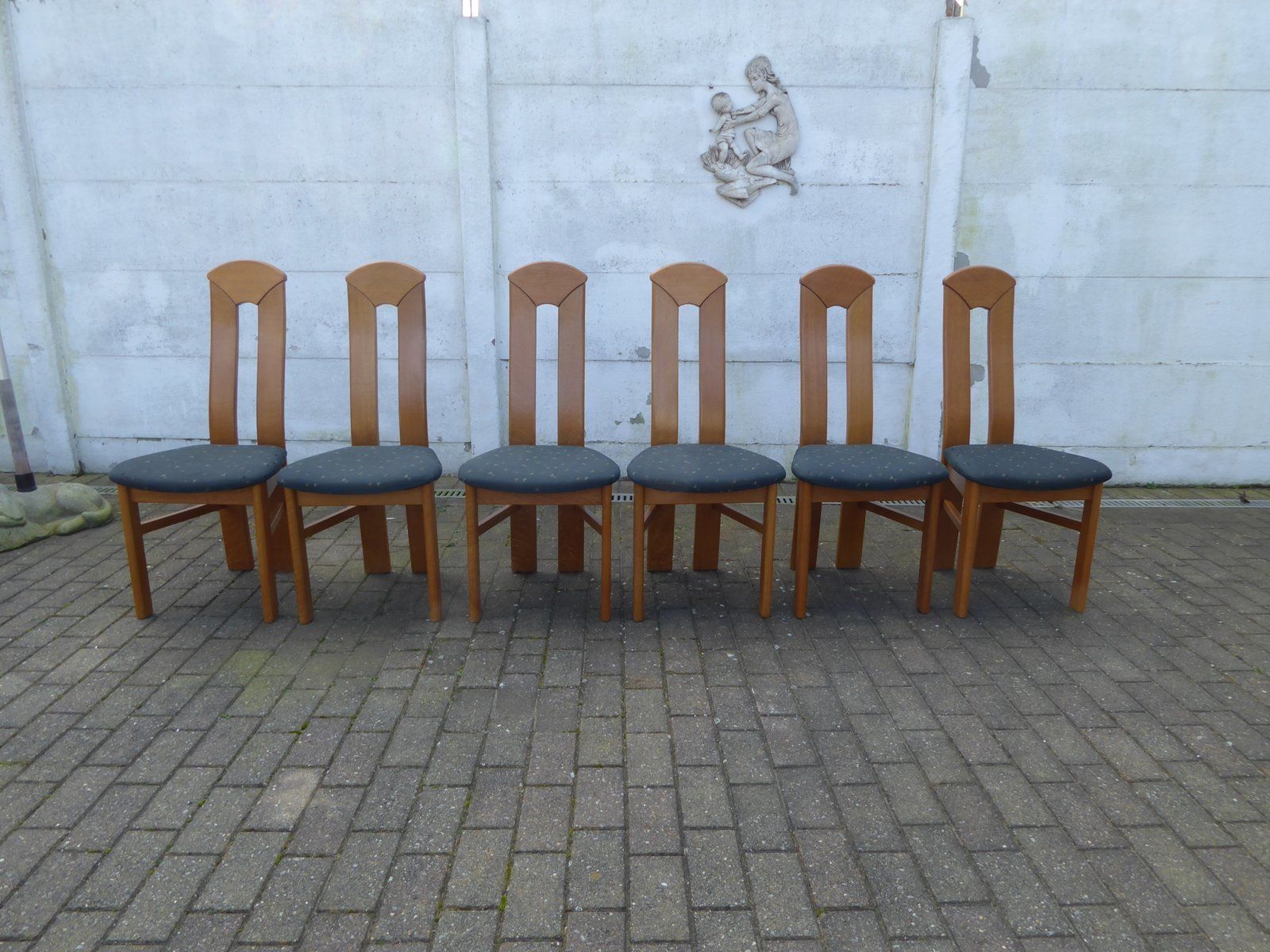 photo for sale High Back Blond Oak Wooden Chairs, 1980s, Set Of 6