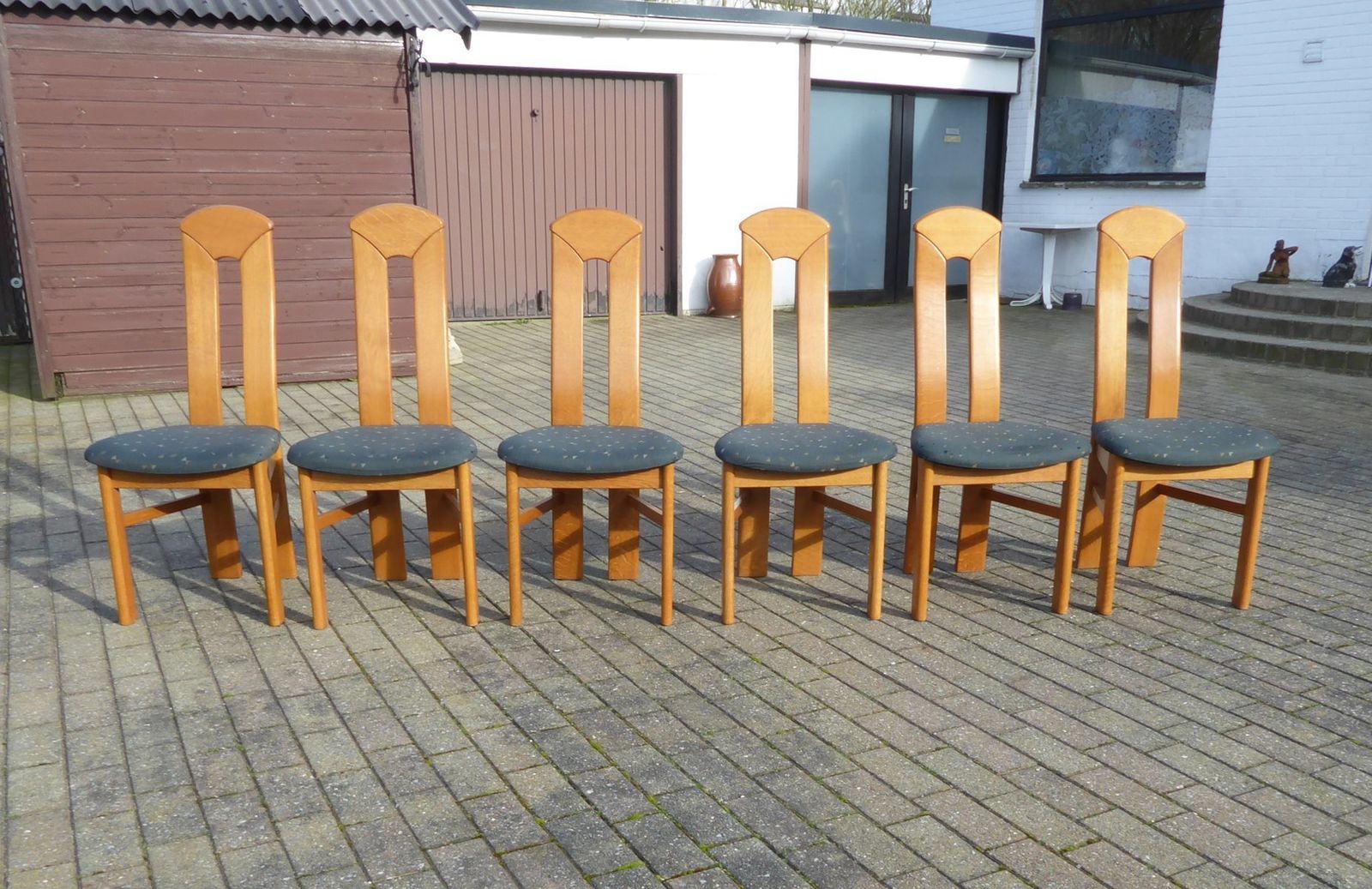 Furniture High Back Blond Oak Wooden Chairs, 1980s, Set Of 6 photo
