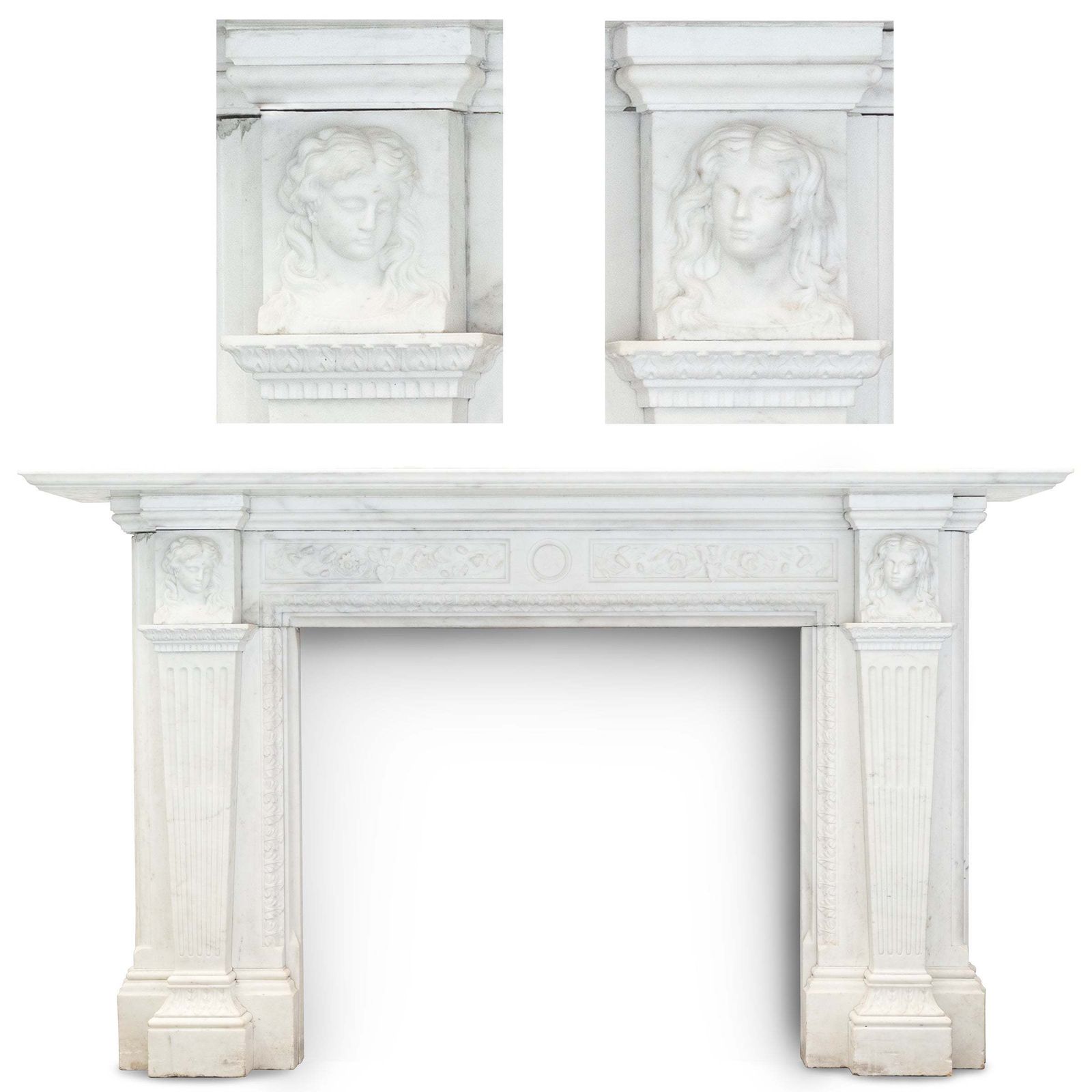 Monumental Antique Statuary Marble Carved Chimneypiece