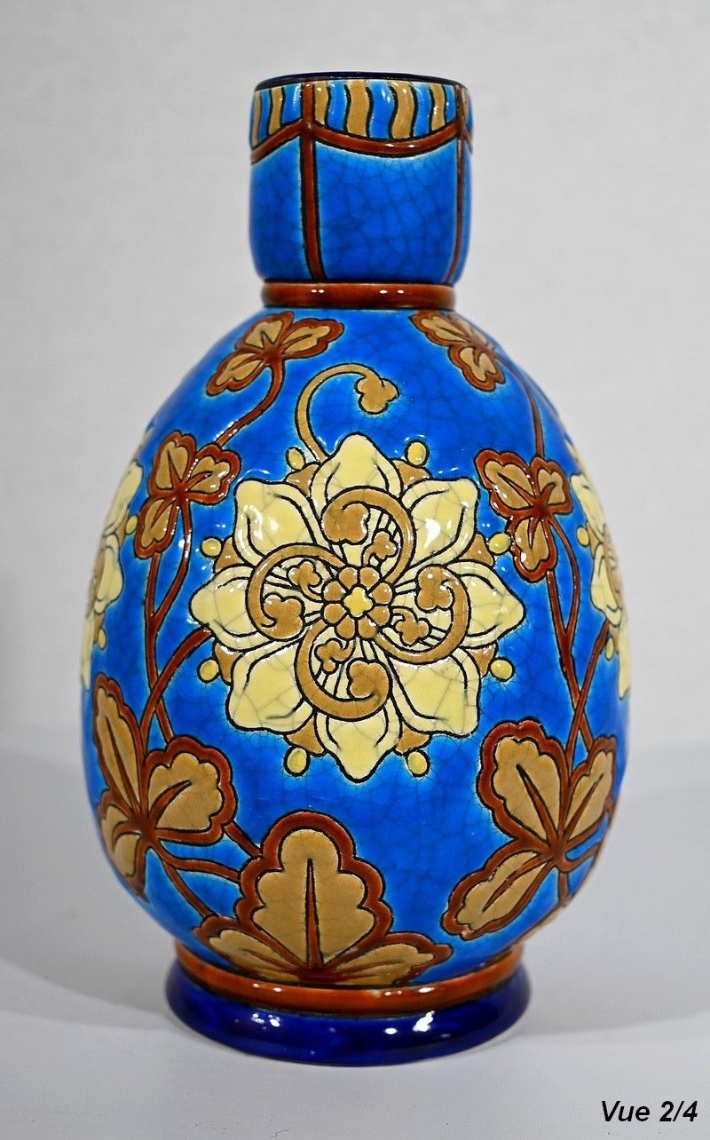 Home Decor Small Vase Decorated With Flowers In Longwy Enamels   Early 20th Century photo