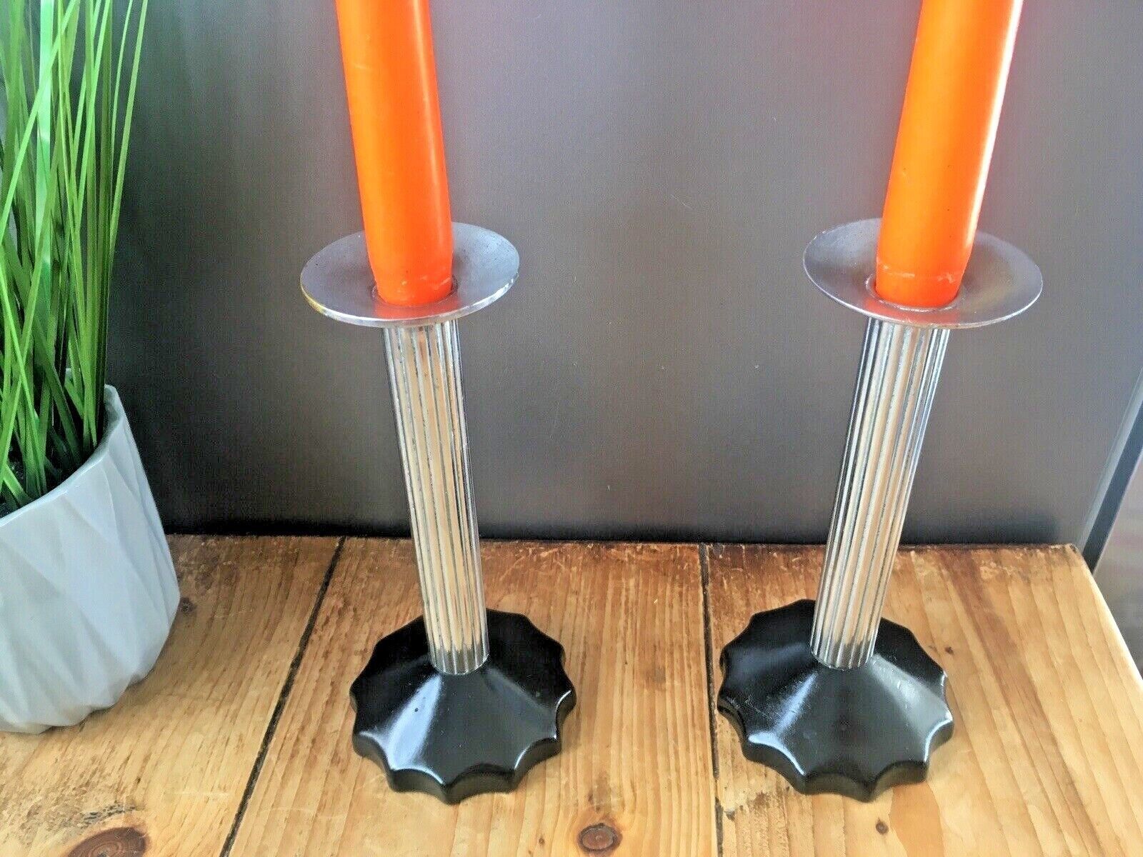 Pair Of Unusual Art Deco Plated Corinthian Column Candlesticks Candle Holders