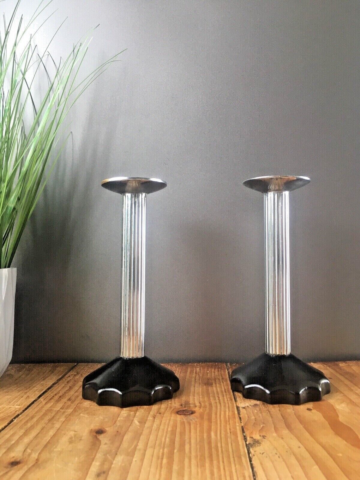 Pair Of Unusual Art Deco Plated Corinthian Column Candlesticks Candle Holders photo Home Decor