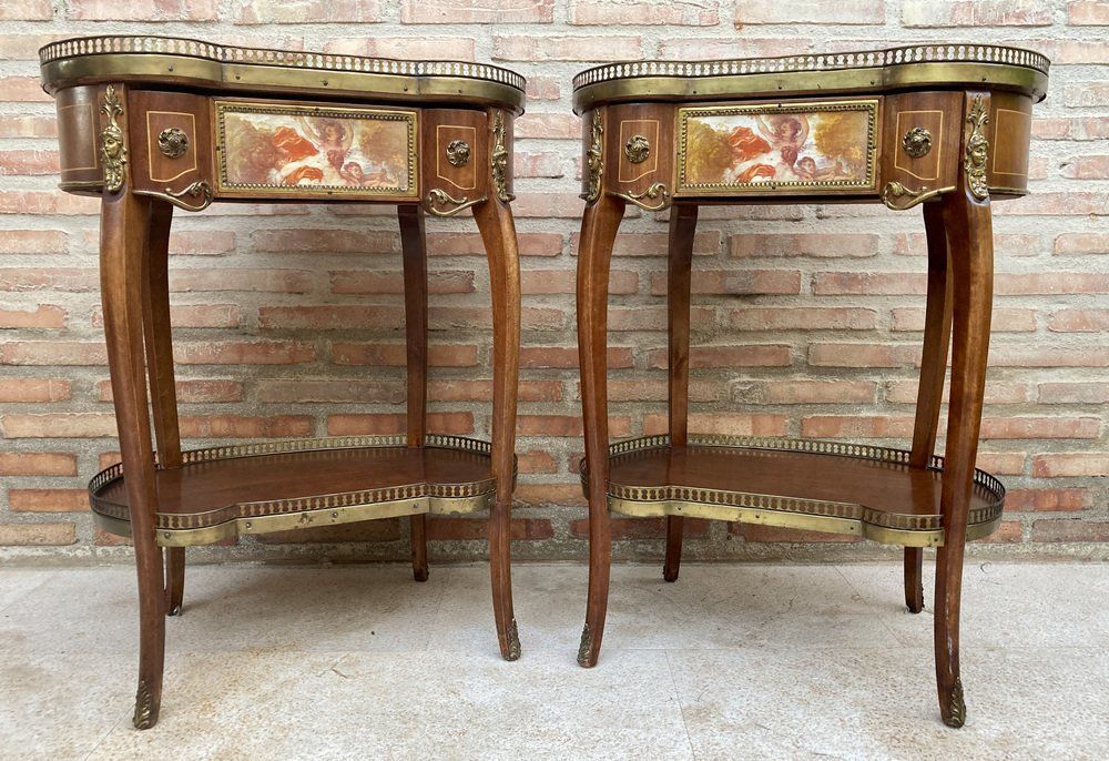 Carved Wood Kidney Shaped Bedside Tables With Bronze And Marble Top. Set Of 2 photo buy