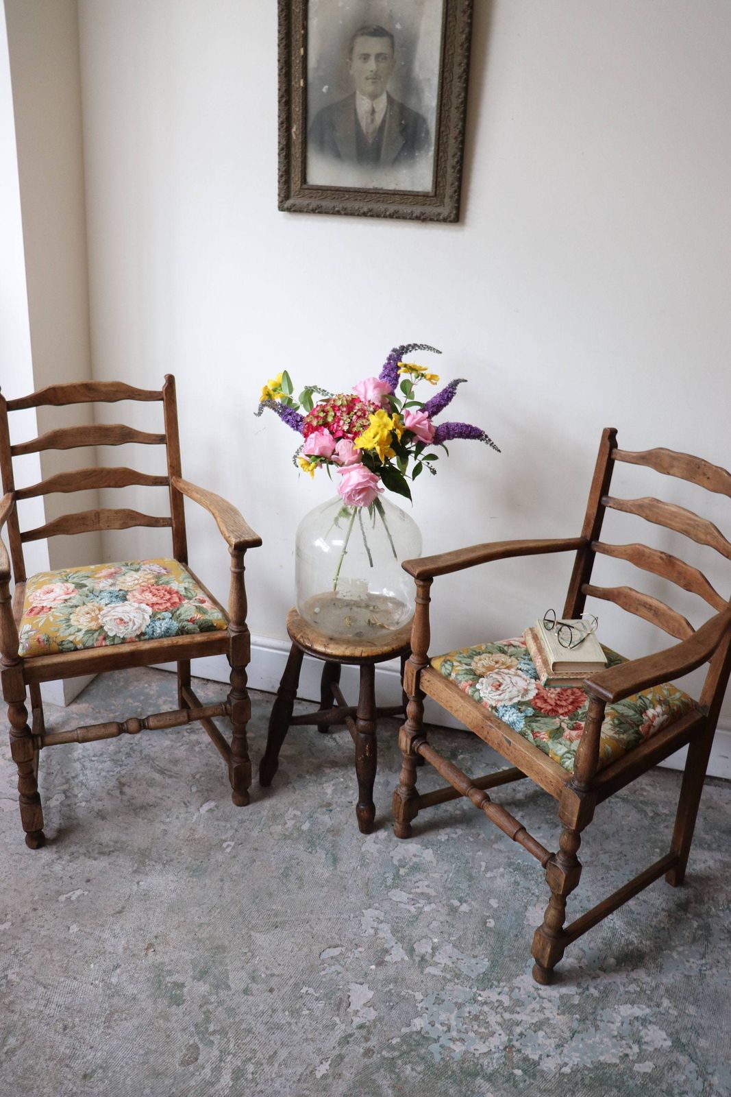 Beautiful Pair Of Oak Farmhouse Arm Chairs With Vintage Sanderson Floral Seats photo furniture