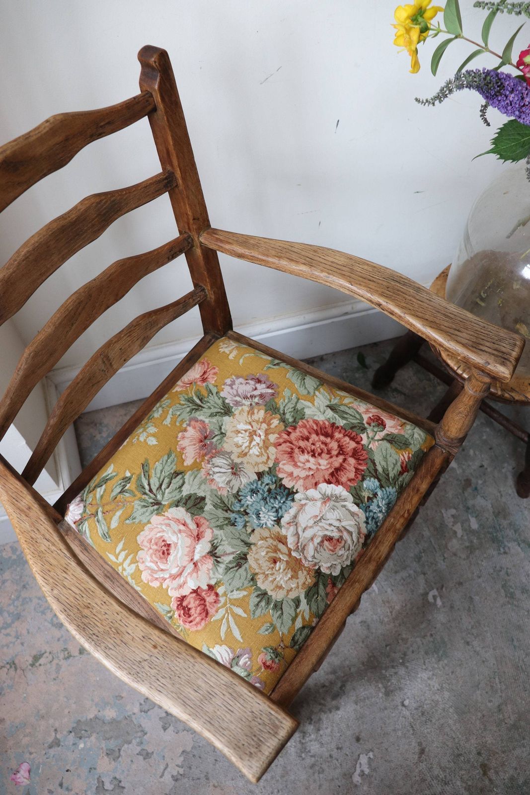 Beautiful Pair Of Oak Farmhouse Arm Chairs With Vintage Sanderson Floral Seats photo 850.0