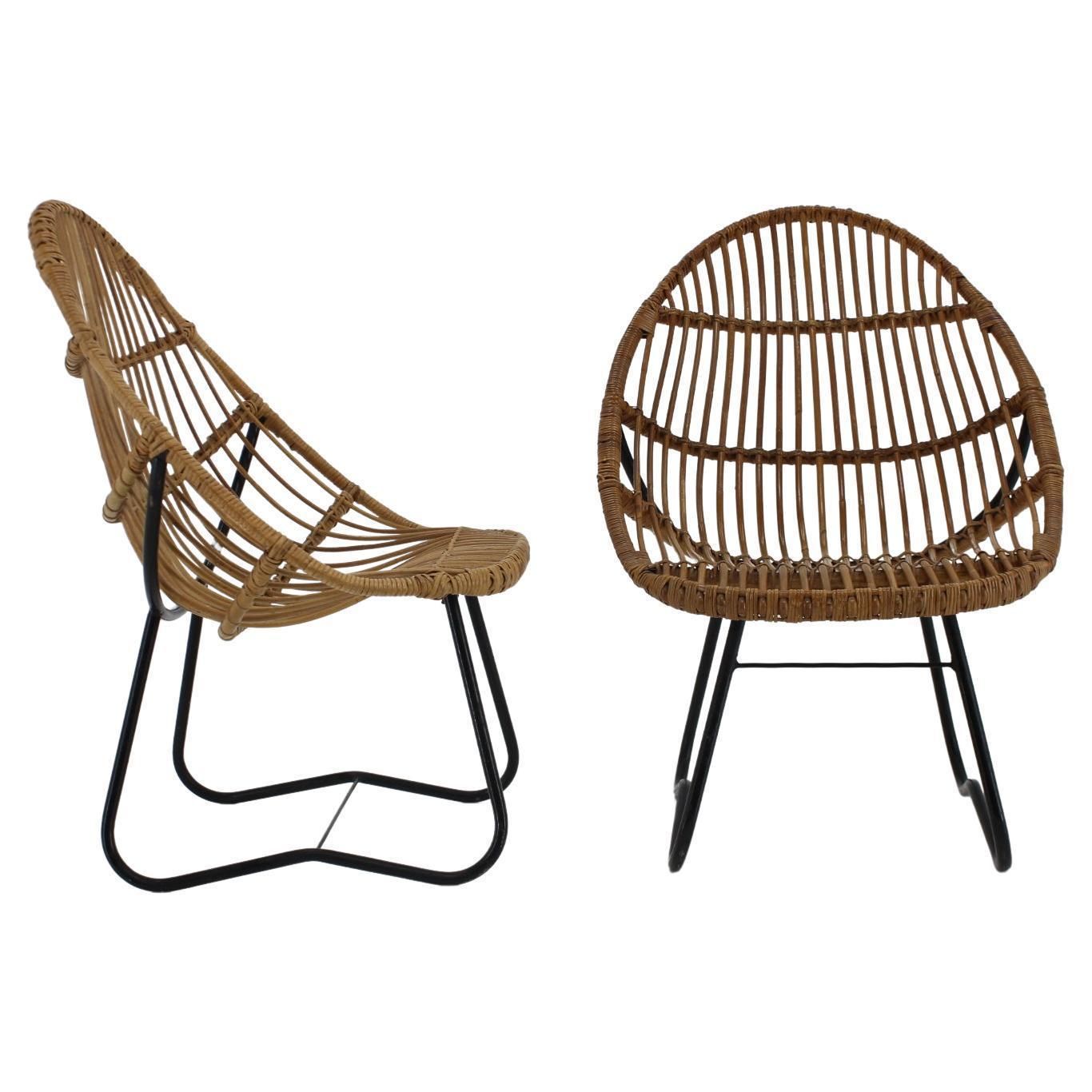 1960s Pair Of Alan Fuchs Rattan Lounge Chairs By Uluv, Czechoslovakia