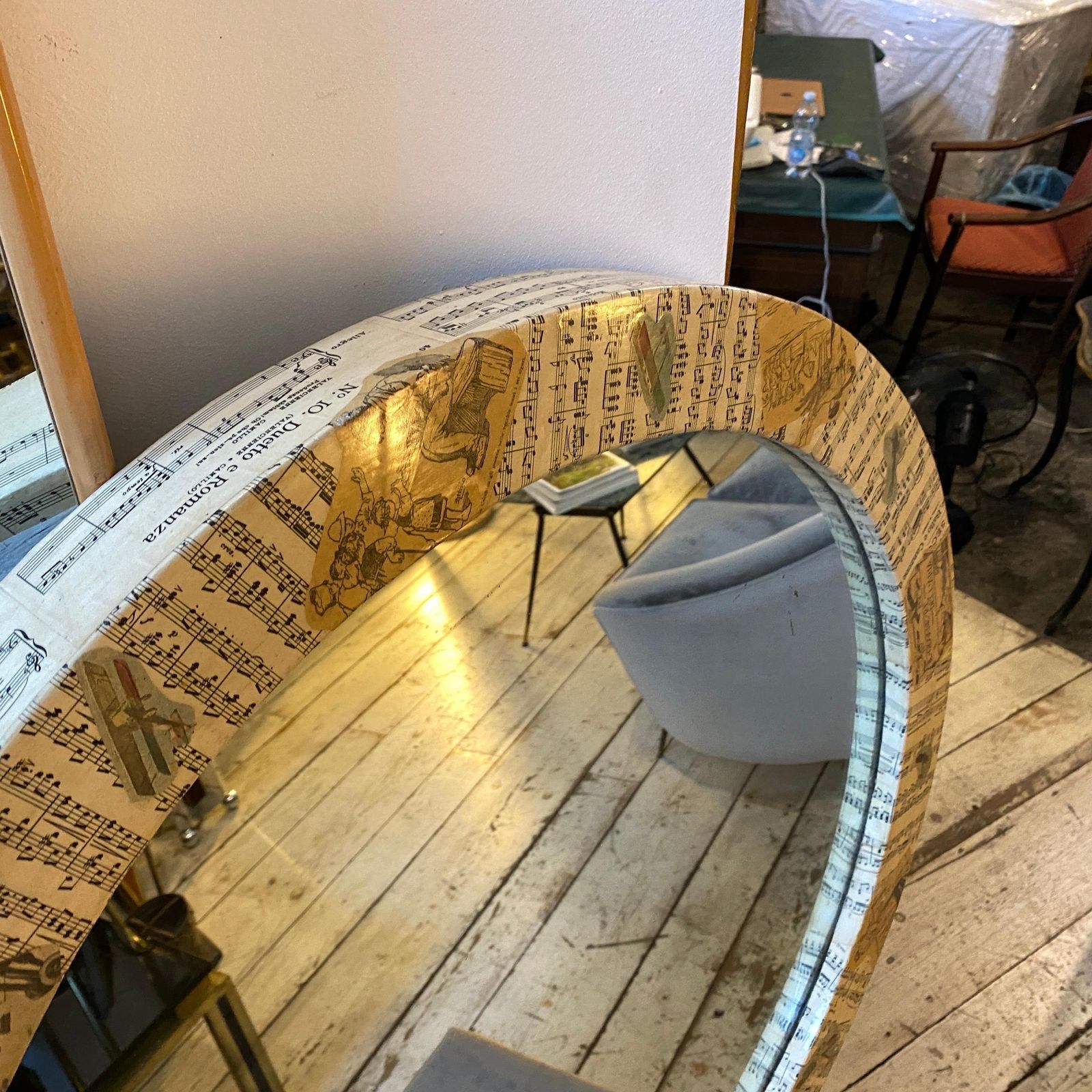 photo for sale 1960s Mid Century Modern Hand Crafted Wall Mirror In The Style Of Fornasetti