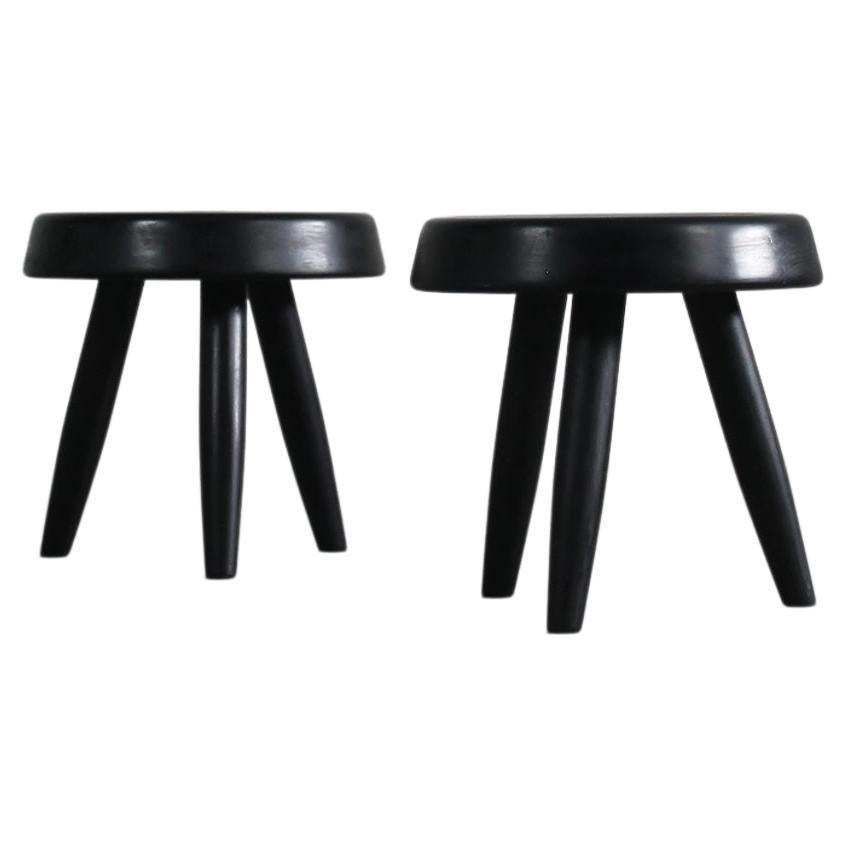Charlotte Perriand In The Style Of' Set Of Two Black Stools In Wood 1950