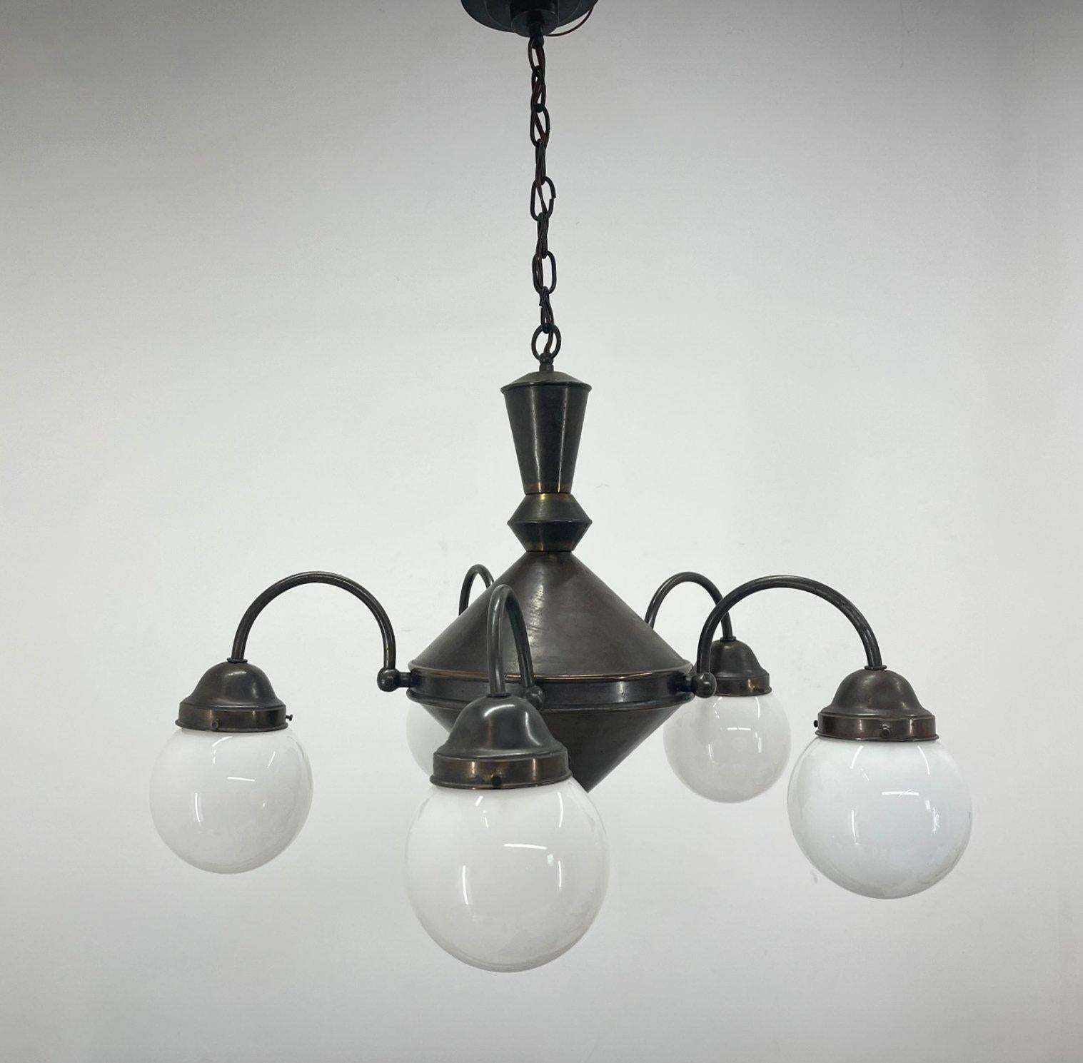 Art Deco Metal And Milk Glass Chandelier, 1930's photo furniture