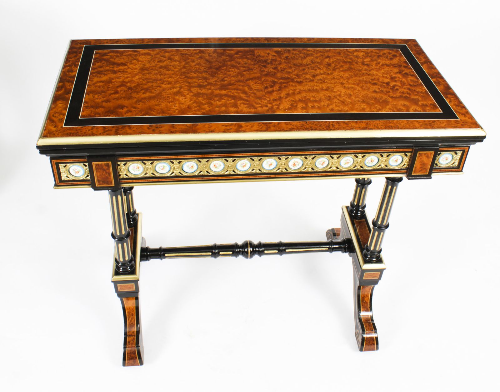 photo vinterior Antique Pair Amboyna Card Tables With Porcelain Plaques 19th Century