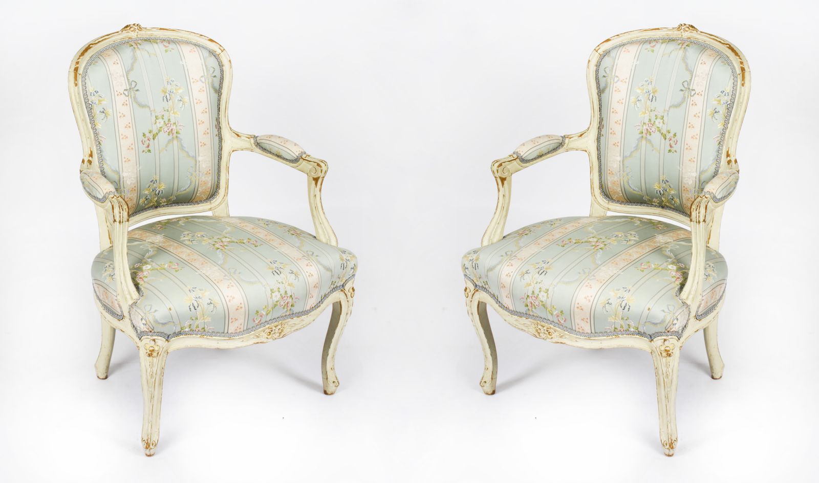 Pair Shabby Chic Louis Revival French Painted Armchairs 19th  Century
