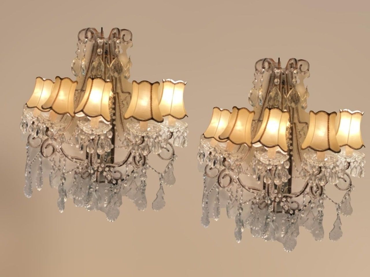 Large Italian Antique Crystal Beaded Mirrored Sconces Set Of 2 Es