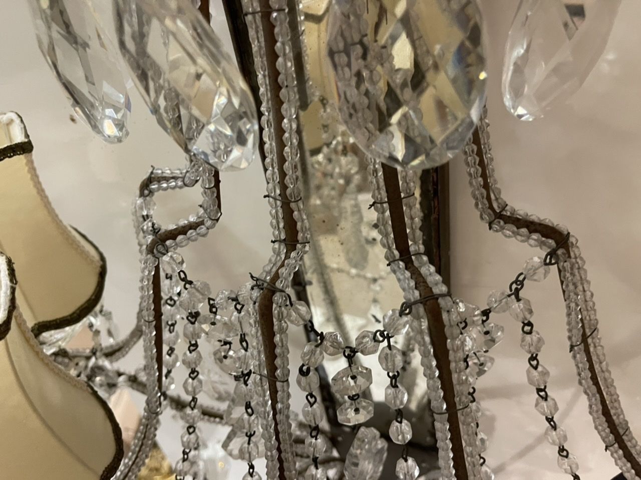 Large Italian Antique Crystal Beaded Mirrored Sconces Set Of 2 Es photo 1750.0