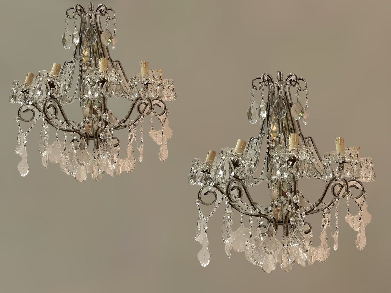 Large Italian Antique Crystal Beaded Mirrored Sconces Set Of 2 Es photo buy