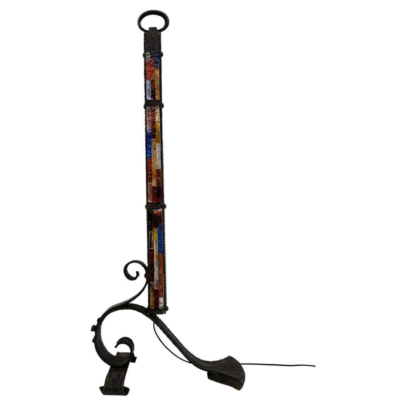 Poliarte Brutalist Italian Wrought Iron And Color Raw Glass Floor Lamp, 1960s
