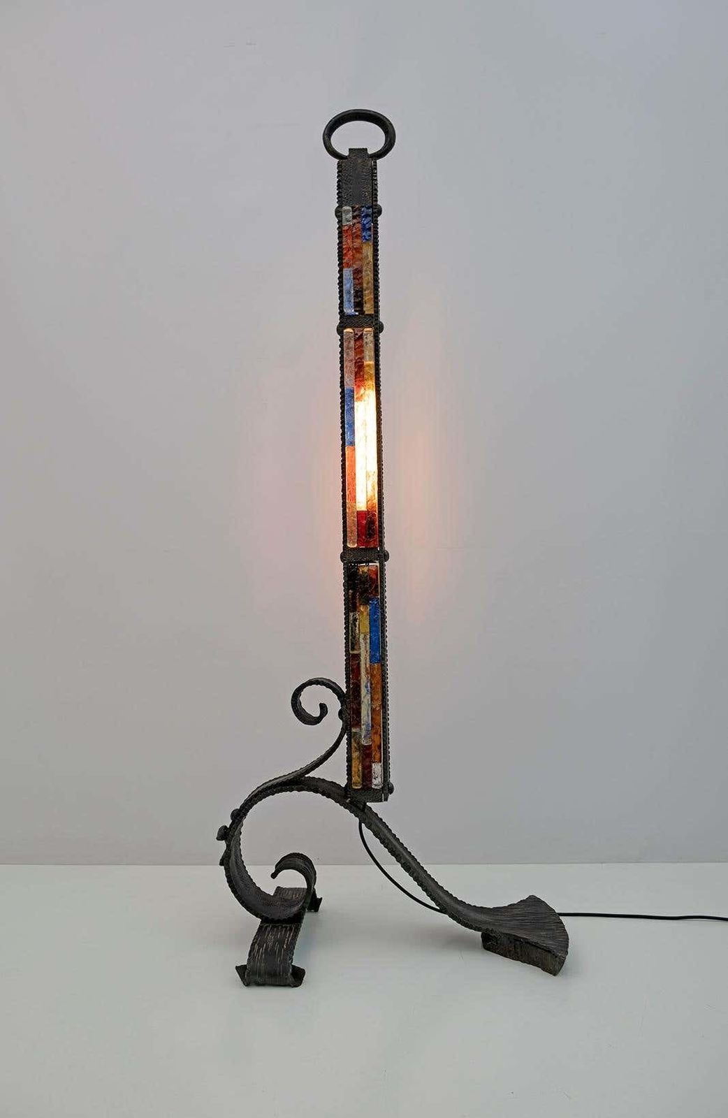 Poliarte Brutalist Italian Wrought Iron And Color Raw Glass Floor Lamp, 1960s photo for sale