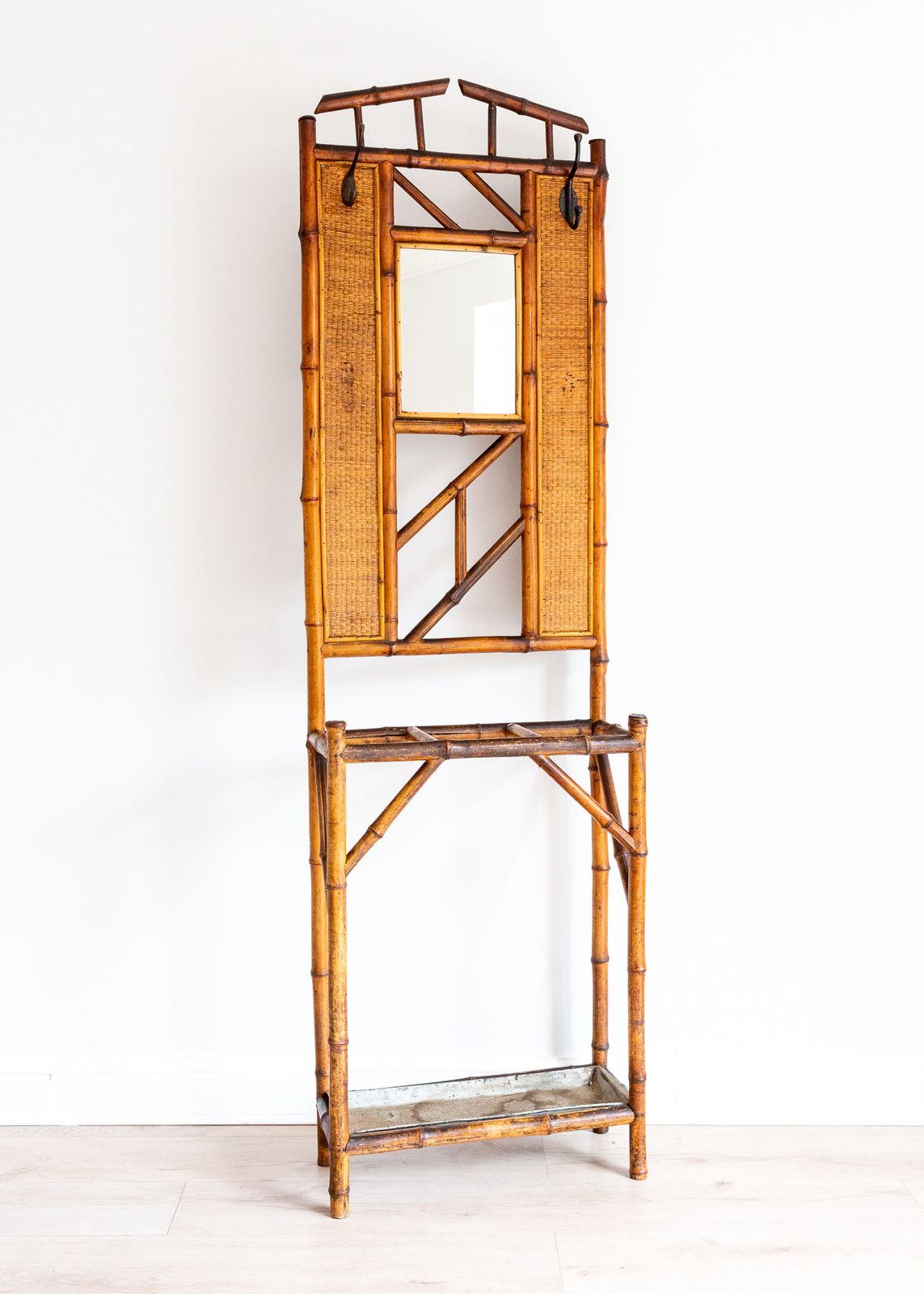 Boho Bamboo Hall Stand Mirrored Coat Rack With Umbrella Stand Stick Stand Chinoiserie French Mid Century Aesthetic Movement photo buy