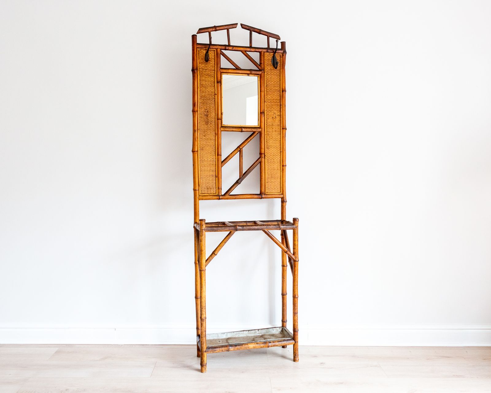 Boho Bamboo Hall Stand Mirrored Coat Rack With Umbrella Stand Stick Stand Chinoiserie French Mid Century Aesthetic Movement photo vintage