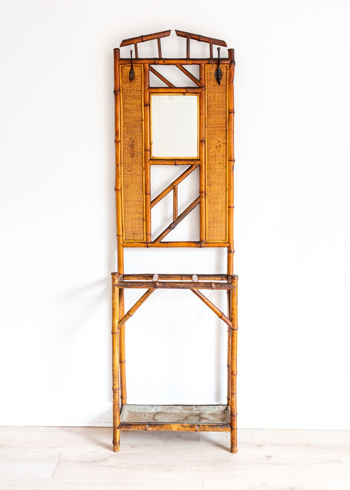 Furniture Boho Bamboo Hall Stand Mirrored Coat Rack With Umbrella Stand Stick Stand Chinoiserie French Mid Century Aesthetic Movement photo