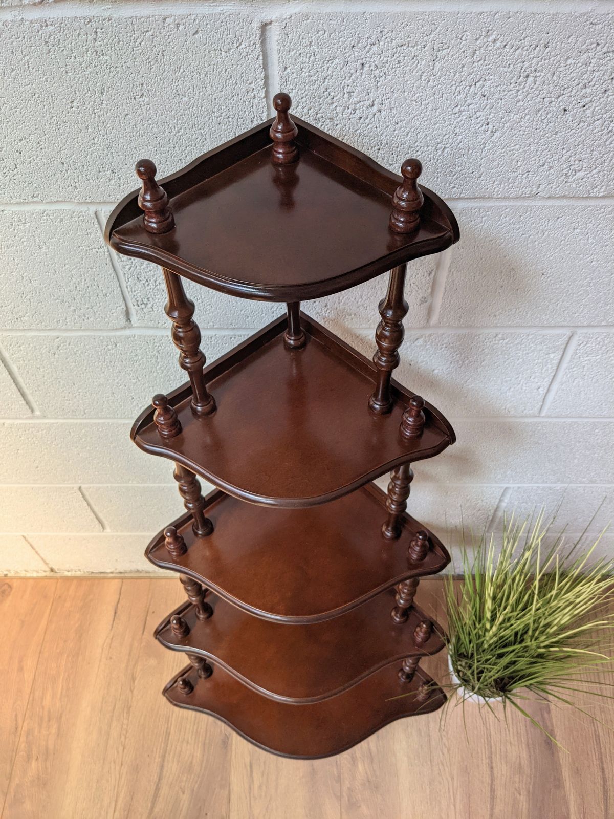 Vintage Tall 5 Shelf Dark Wood Corner Shelves photo furniture