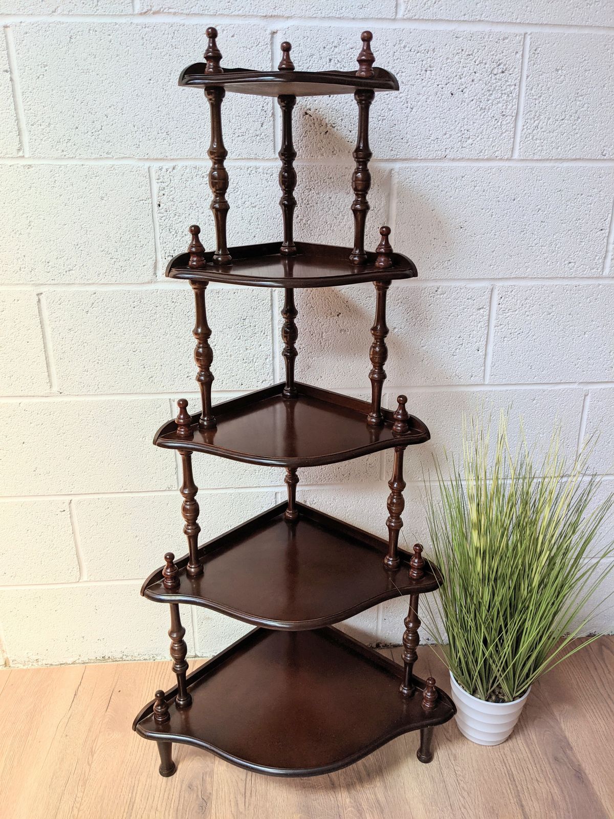 Vintage Tall 5 Shelf Dark Wood Corner Shelves photo vinterior