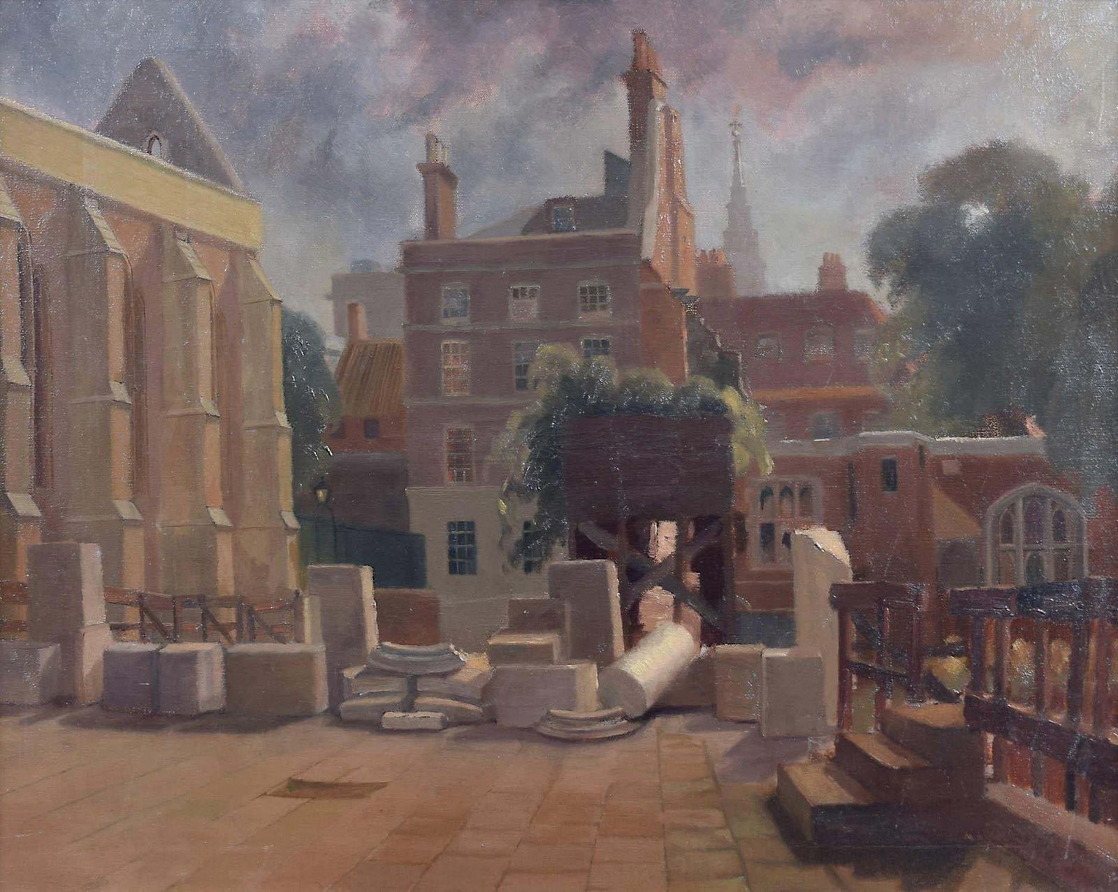 Clifford Charman Temple Church London After Bombing: Clifford Charman Painting Modern British Art C. 1945